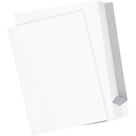 A stack of white paper sheets, slightly tilted, in front of a white frame.