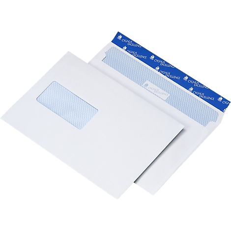 Two white envelopes. One has a window, the other a blue strip with text.