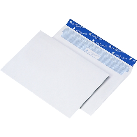 Two white envelopes, one open, with a blue strip and lettering. The lower envelope is in the background.
