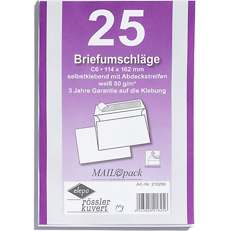 Pack of 25 white envelopes, C6 size, self-adhesive with cover strips, 80 g/m² and 3 years warranty.