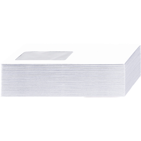 Stack of white envelopes with a clear window, showing transparent material.