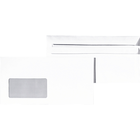 White envelope with window, view of the window and closure flap.