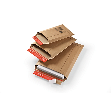 Three brown shipping envelopes stacked, partially open. One contains a white product. Red adhesive strips.