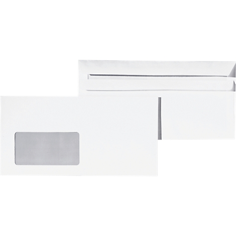 Une enveloppe blanche avec une fenêtre transparente sur le devant et l'arrière ouvert.