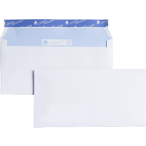 Deux enveloppes blanches; une ouverte. Bande bleue en haut avec inscription. En dessous, motif bleu.