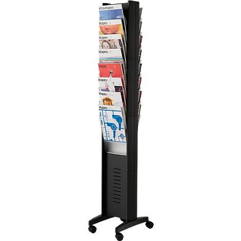 Black magazine rack on wheels, filled with various magazines. Vertical arrangement.