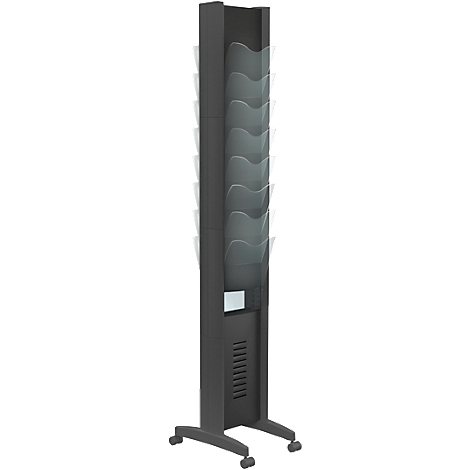 Black brochure stand, on wheels, with multiple compartments. The compartments are wave-shaped and hold brochures.