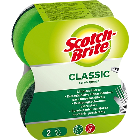 Deux éponges Scotch-Brite vertes et jaunes dans un emballage. L'emballage indique "CLASSIC scrub sponge".