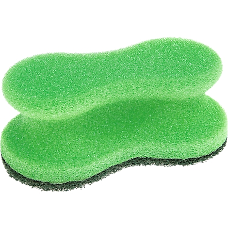 Une éponge verte en forme de huit couché, avec un bord sombre.