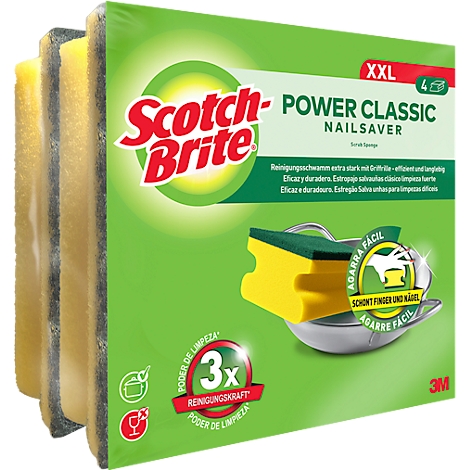 Emballage de quatre éponges, jaune avec côté récurant noir. Impression: Scotch-Brite Power Classic, Nailsaver. Sur l'emballage : 3x pouvoir nettoyant.