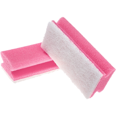 Deux éponges rectangulaires, l'une couchée, l'autre debout. Côtés roses avec surface abrasive blanche.