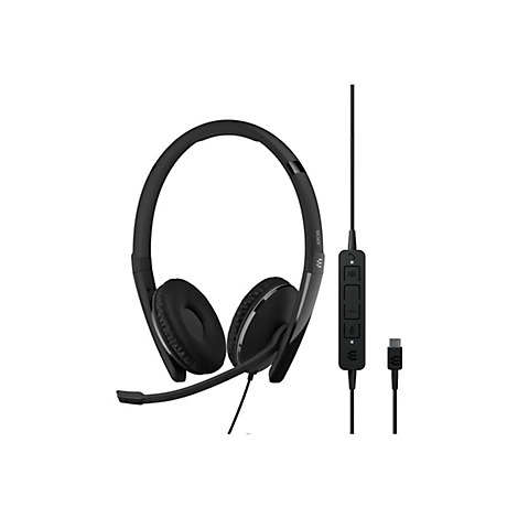Schwarzes Headset mit BÃ¼gel und Mikrofon. Am Kabel befindet sich eine Bedieneinheit und ein USB-C-Stecker.