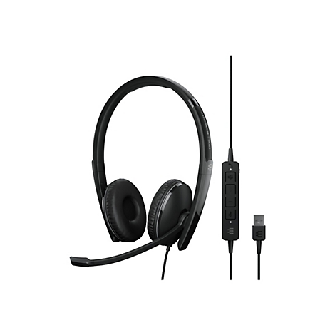 Schwarzes Headset mit Bügel, Ohrmuscheln, Mikrofon und Kabel. Auf dem Bügel steht "EPOS | SENNHEISER". An den Kabeln befinden sich ein Bedienfeld und ein USB-Stecker.