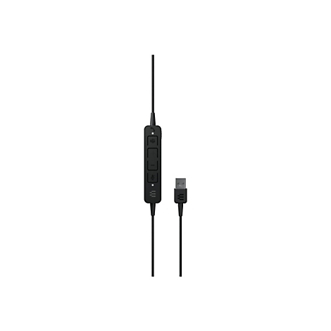 Schwarzes Headset-Zubehör mit Kabel. Es hat eine Steuerungseinheit mit Tasten und einen USB-Stecker.