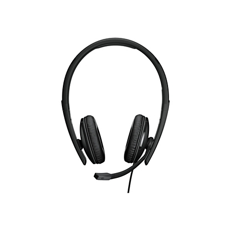Schwarzes Headset, Bügel und Ohrmuscheln. Mikrofon am linken Ohr. Kabel nach unten.