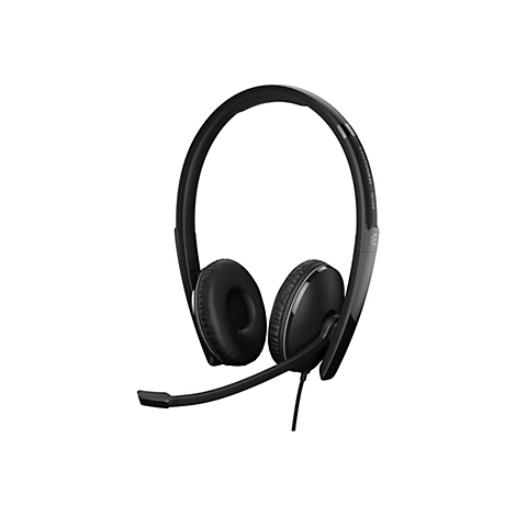 Schwarzes Headset mit Mikrofon. Der Kopfbügel und die Ohrmuscheln sind schwarz, mit dem Markenschriftzug EPOS | SENNHEISER auf dem Bügel.
