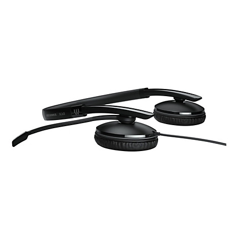 Schwarzes Headset mit Ohrpolstern, Bügel und Mikrofon. Der Bügel trägt den Schriftzug "EPOS SENNHEISER".
