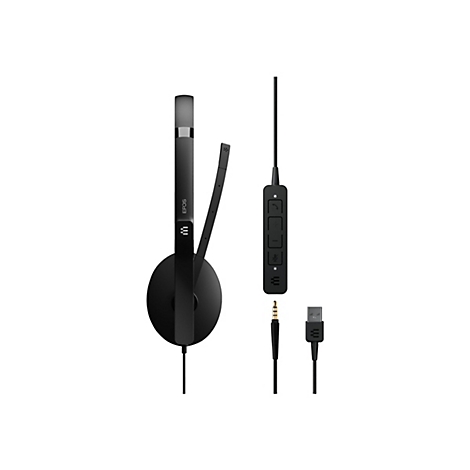 Schwarzes Headset mit Mikrofon, Kabeln, Inline-Bedienelement und Anschlüssen, freigestellt vor weißem Hintergrund.