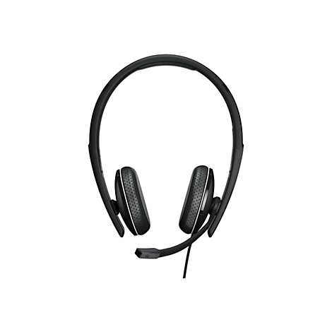 Schwarzes Headset mit Ohrmuscheln und Mikrofon vor weißem Hintergrund.