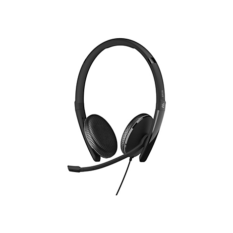Schwarzes Headset mit Mikrofon, perforierten Ohrmuscheln und EPOS-Logo, vor weißem Hintergrund.