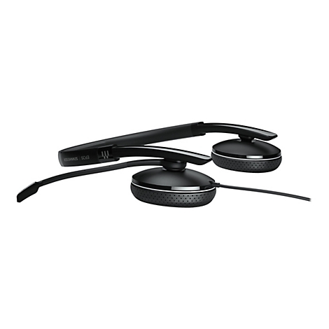 Schwarzes Headset mit Bügel, Ohrmuscheln und Mikrofon. Aufschrift EPOS | SENNHEISER.