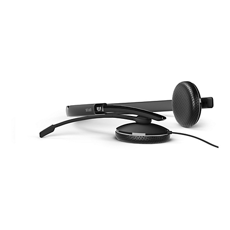 Schwarzes EPOS Headset, seitlich vor weißem Hintergrund. Es besteht aus Kopfhörer, Mikrofon und Bügel.
