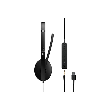 Schwarzes EPOS-Headset mit Mikrofon und Steuerelementen, Kabeln mit Klinken- und USB-Anschlüssen.