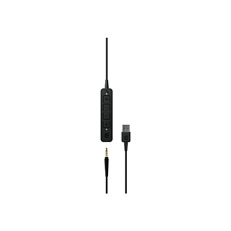 Schwarzes Audio-Steuergerät mit Kabeln: Klinke, USB und Steuerteil mit Knöpfen.