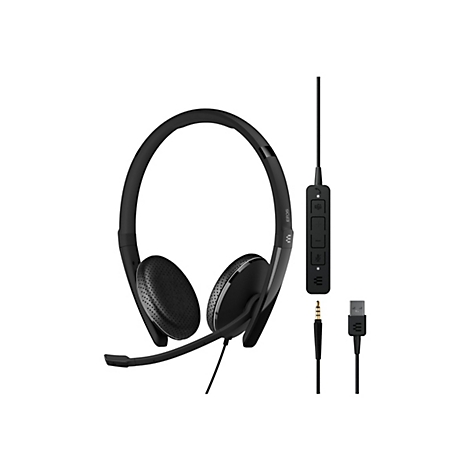 Schwarzes Headset mit Mikrofon und Kabel, USB- und Klinkenstecker. Auf dem Kabel befindet sich eine Steuerung.
