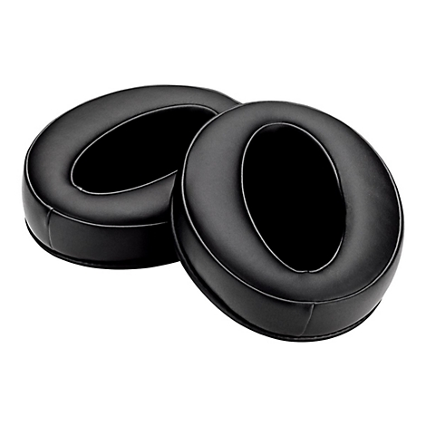Zwei schwarze Ohrpolster fÃ¼r KopfhÃ¶rer, ovale Form.
