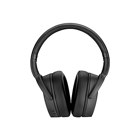 Schwarzer KopfhÃ¶rer, Ansicht von vorne. BÃ¼gel, Ohrmuscheln und Polster sind zu sehen.