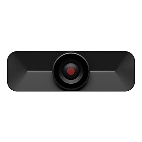 Schwarz gehaltene Dashcam, zylindrisches Objektiv mit rotem Kern, auf weißem Hintergrund.