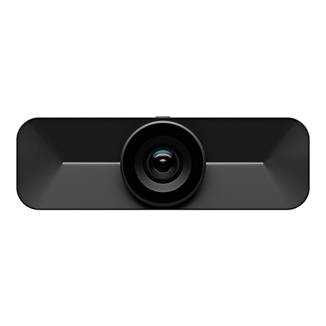 Schwarze Dashcam mit Objektiv im Zentrum. Abgerundete Kanten, matte Oberfläche, hellgrauer Streifen.