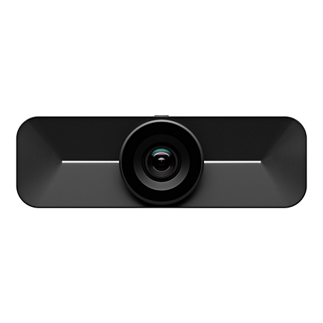 Eine schwarze Dashcam, die auf weißem Hintergrund abgebildet ist. In der Mitte befindet sich das Objektiv, darunter ein heller Streifen.