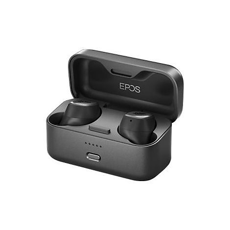 Schwarze EPOS True Wireless OhrhÃ¶rer in geÃ¶ffneter Ladebox. Das EPOS Logo ist sichtbar. Die OhrhÃ¶rer sind neben der Box platziert.