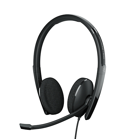 Black headset with headband, earcups and microphone.