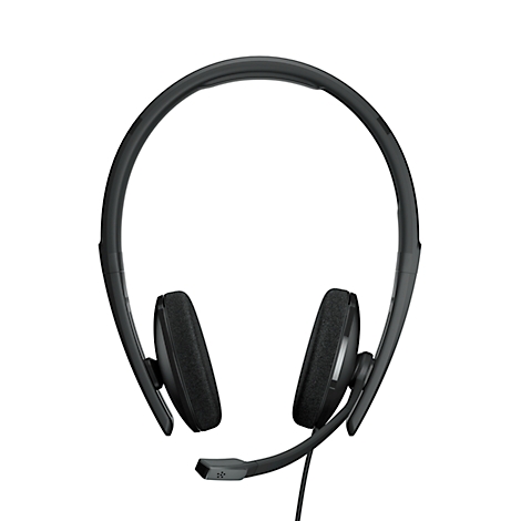 Black headset with microphone on a white background.