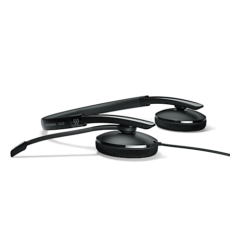 Black headset with microphone, against a white background. 'EPOS' is written on the bracket.