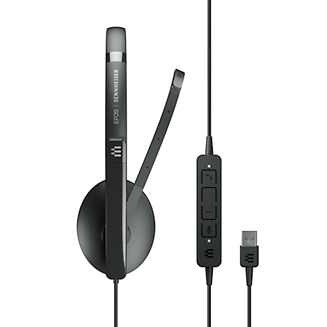Dark gray EPOS headset with microphone, USB connector, and controls.