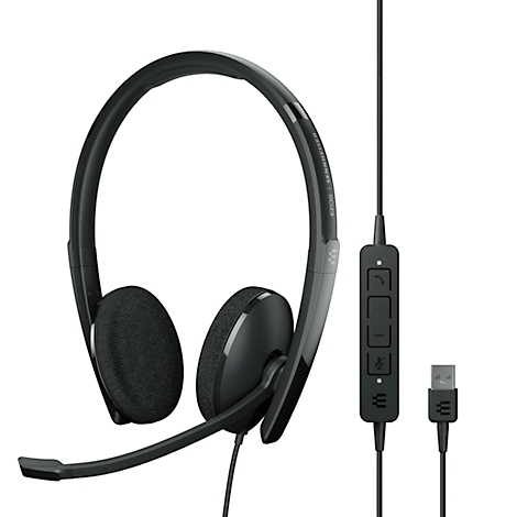 Black headset with microphone, USB cable, and control elements.