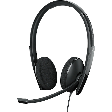 Black headset with microphone. Markings on the headband.