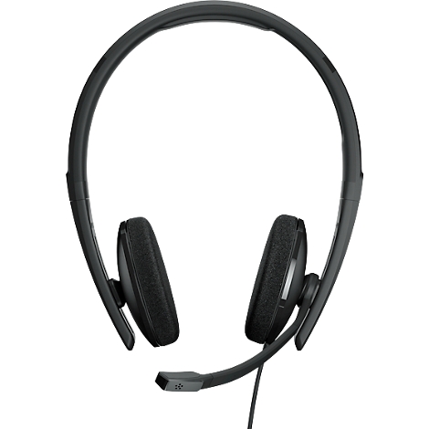 Black headset with ear cups, microphone and headband.