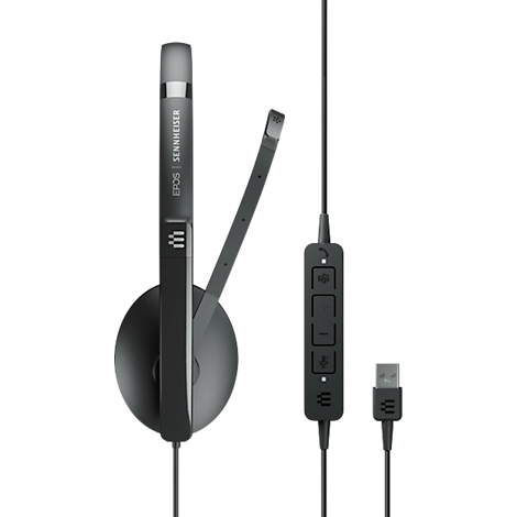 Black headset with microphone, cable, and USB connector. The arm says EPOS | SENNHEISER.