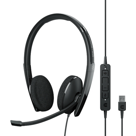 Black headset with microphone and USB connection. The headset has padded earcups and a remote control.