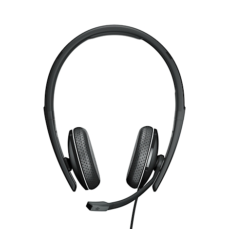 Casque noir avec oreillettes rembourrées et microphone, sur fond blanc.
