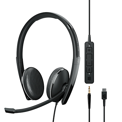 Casque noir avec microphone, commandes et câbles. Prises jack et USB-C présentées.