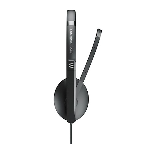 Un casque EPOS Sennheiser noir avec un bras de microphone et un câble, sur fond blanc.