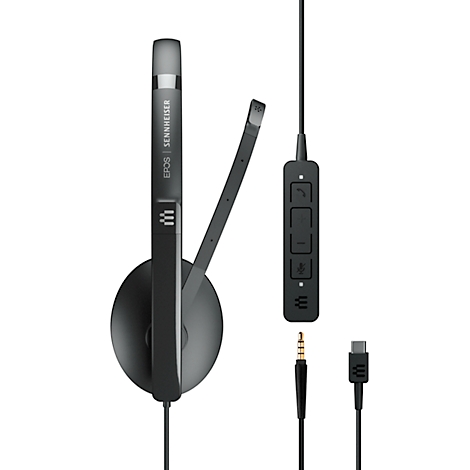 Casque EPOS | Sennheiser noir avec microphone, câble et commandes.
