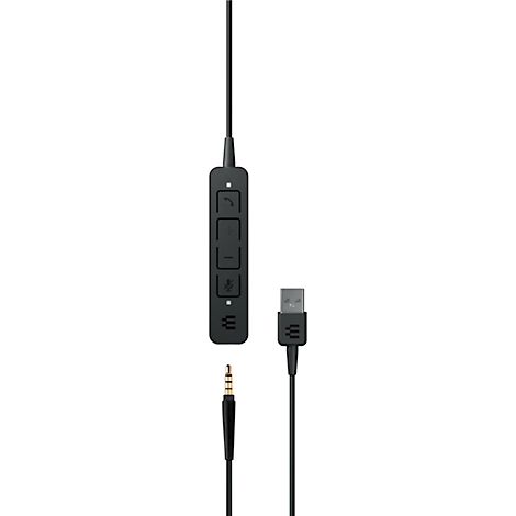 Câble noir avec boutons de commande et différentes prises, telles que USB et jack.