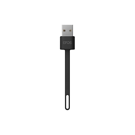 Ein schwarzes USB-Kabel von EPOS. Am unteren Ende befindet sich eine ovale Öffnung.